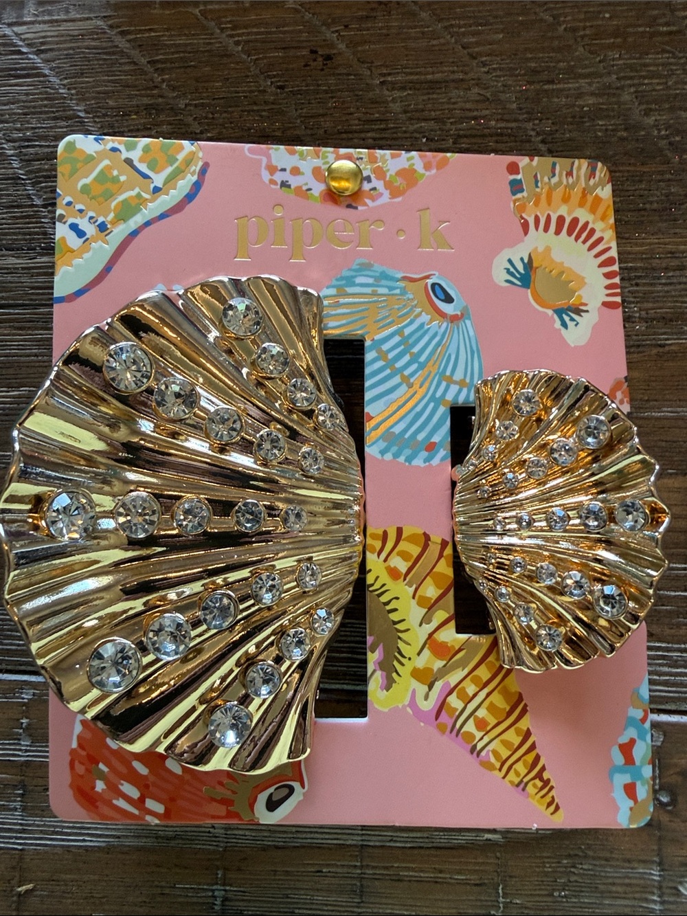 PiperK Gold Shell Rhinestone Clip Pair